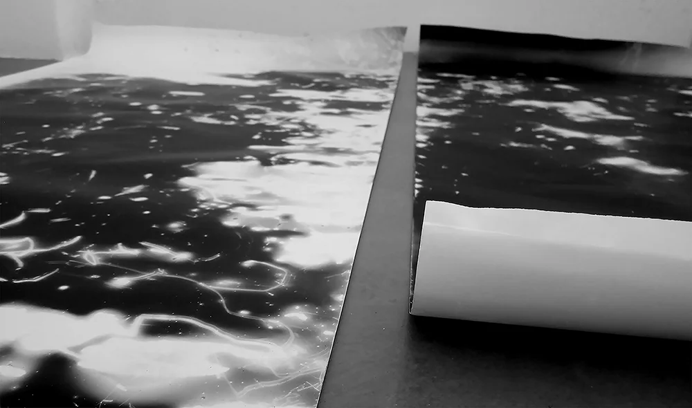 Mother night / Go into her totally S ilver gelatin unique black and white photograms on resin based paper, flashlight, fire. Various sizes 161-248cm x 107 cm. 