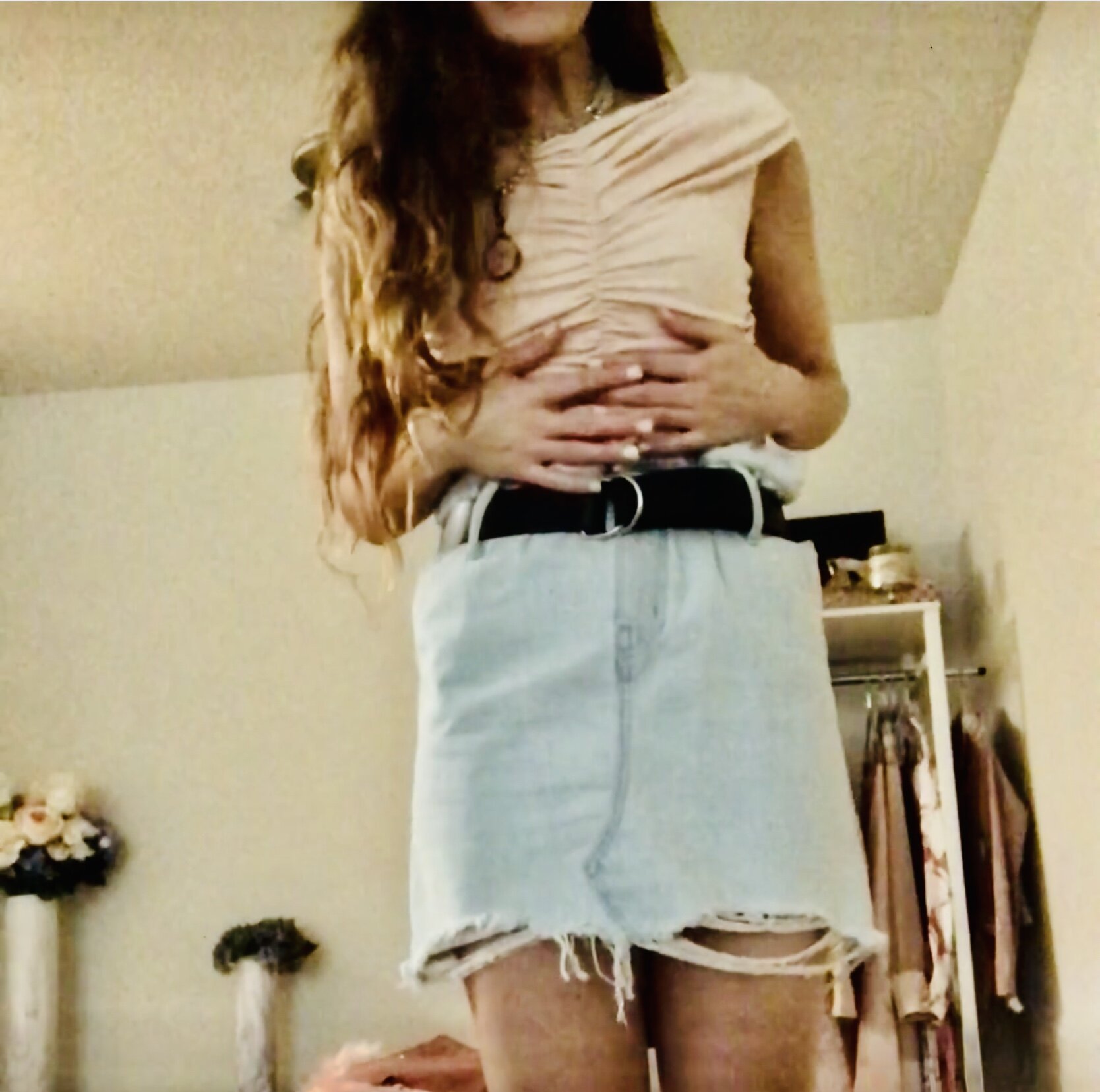 Reiss ruched top and denim skirt.jpg