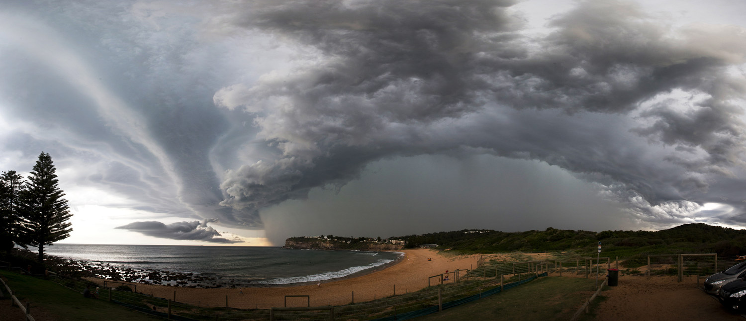  Panoramic photograph of a storm cell approaching Avalon Beach on Sydney's northern beaches. 