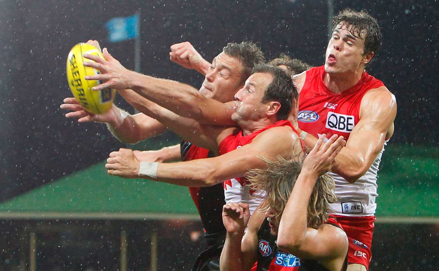  Tom Bellchambers of the Bombers, Jude Bolton of the Swans, Mike Pyke of the Swans and Dyson Heppell of the Bombers contest a mark during the 2013 AFL Round 10 match between the Sydney Swans and the Essendon Bombers at the SCG, Sydney on June 01, 2013. 