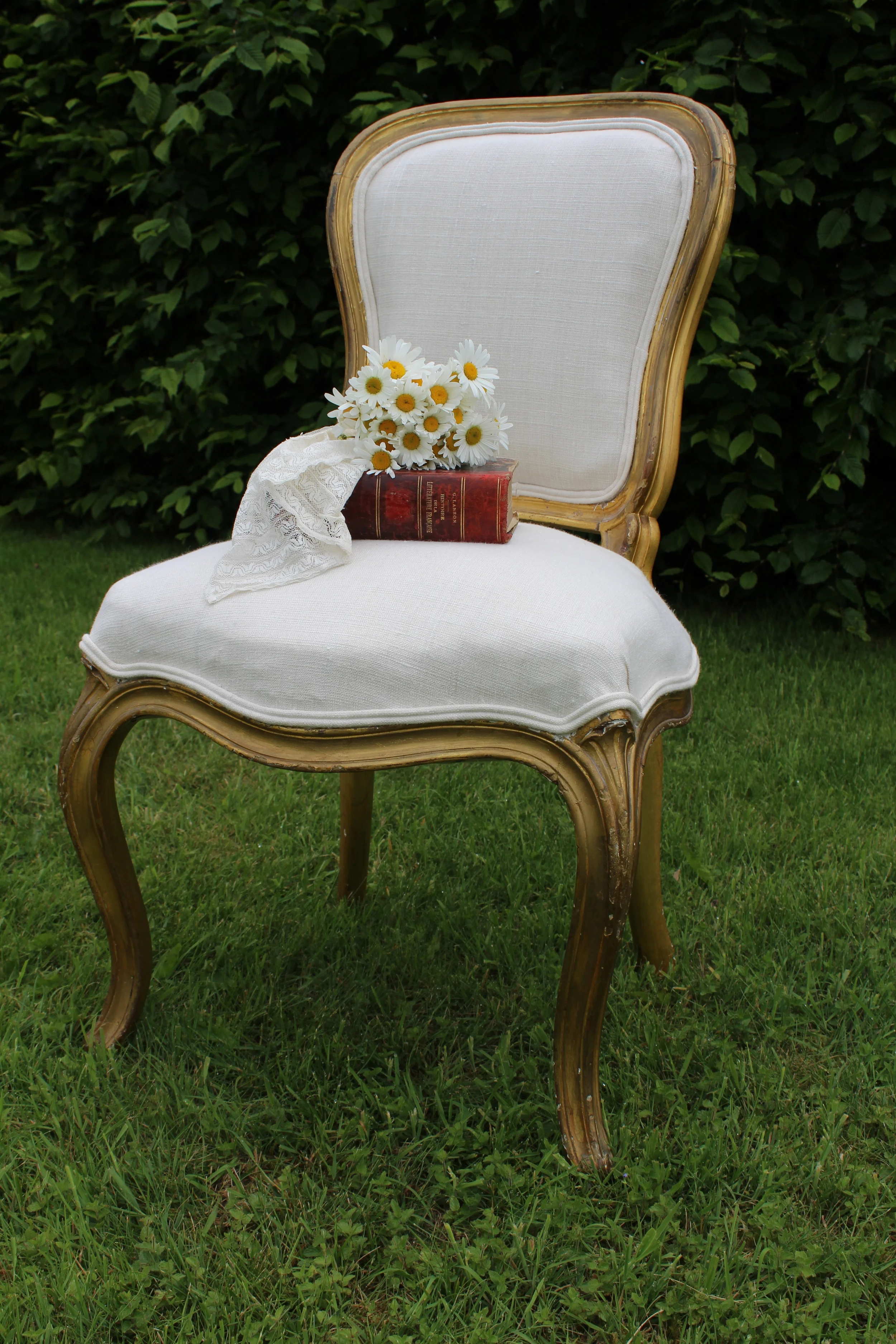 Beautiful antique gilded chair, recovered in linen. £150sold