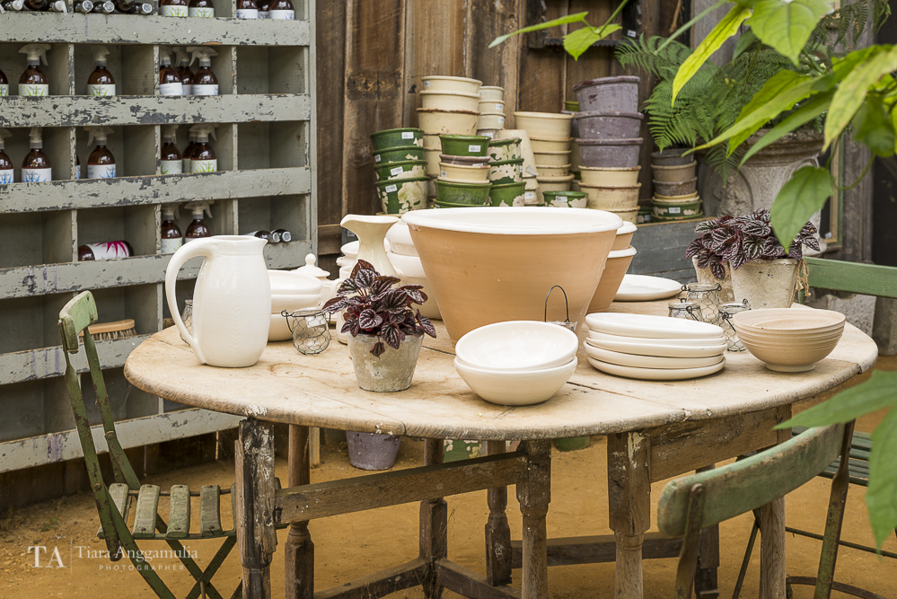 Vintage furniture and tableware at Petersham Nurseries.
