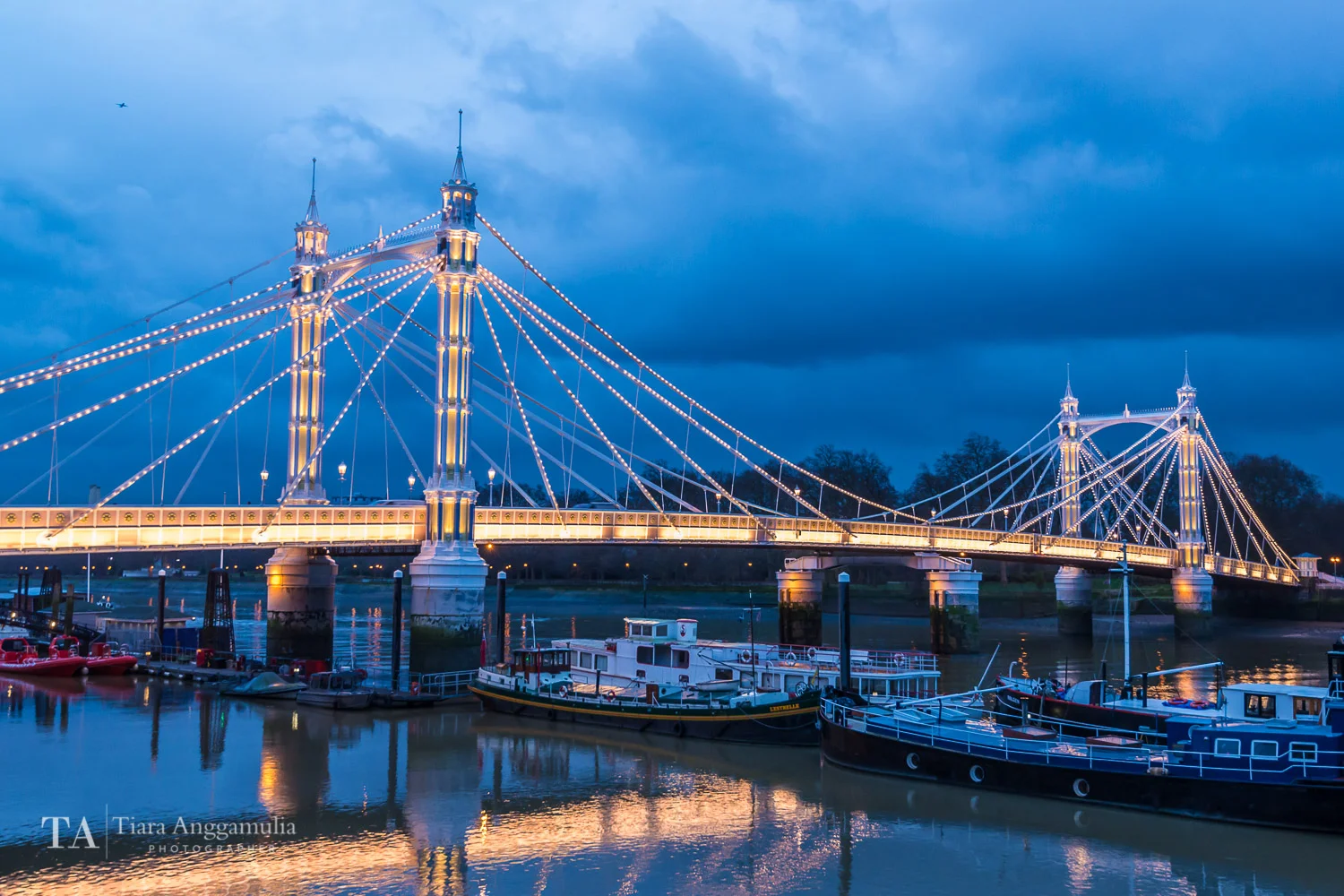 A view of Albert Bridge from Chelsea Embankment.