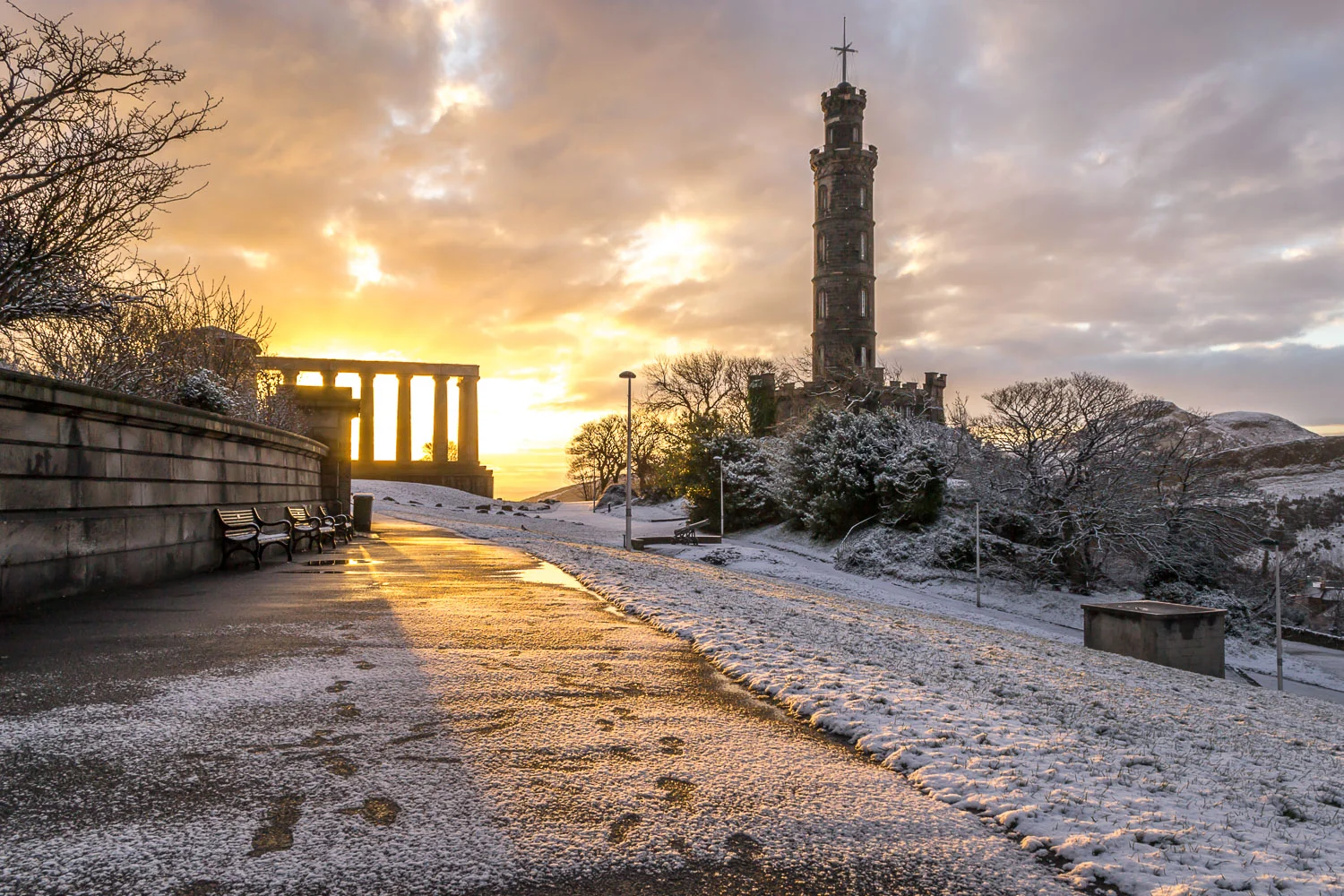 A view of Nelson and National monuments from Calton hill.