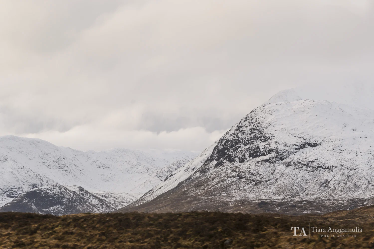 A view towards the snow peaks in Glencoe.