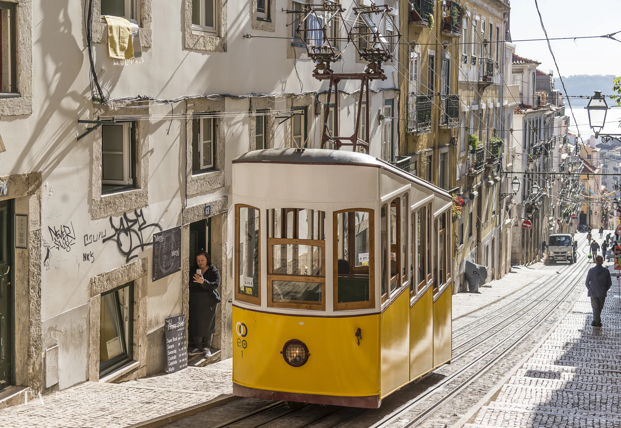 A view towards the tram in central Lisbon.