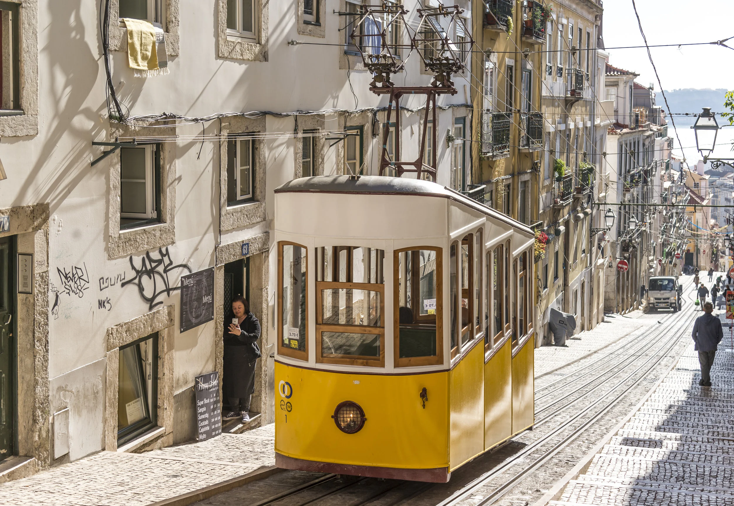 A view towards the tram in central Lisbon.