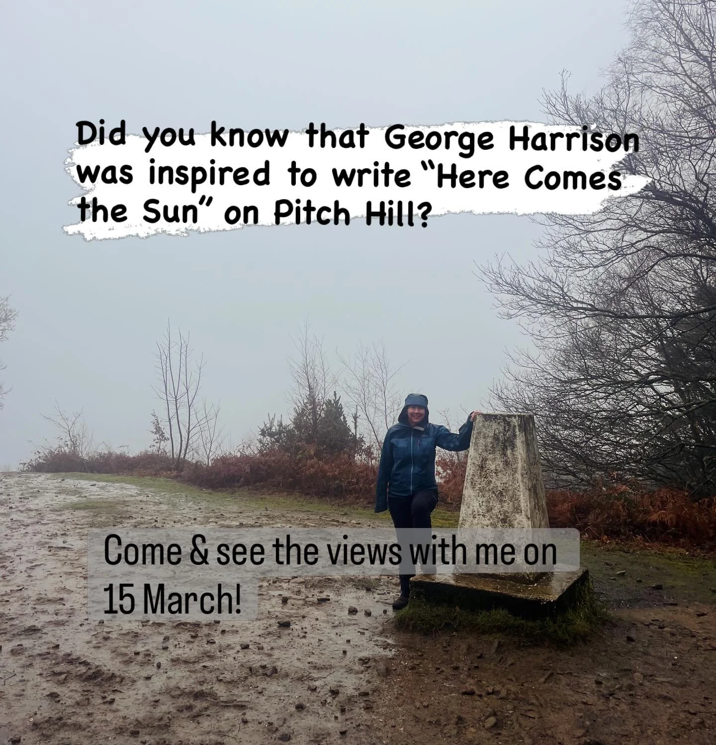 Did you know that George Harrison was inspired to write Here Comes the Sun while walking in the garden of Eric Clapton&rsquo;s country house in Ewhurst, Surrey?

And more specifically, here on Pitch Hill. I&rsquo;m guessing he had much better weather