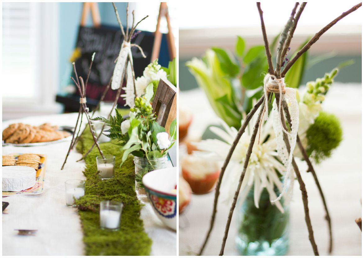 I'm already a lover for anything green and organic so the decor was easy for me to find & create. Moss lined the tables with pops of white and green flowers + candles. I also made these twig teepees as a centerpiece. My vision was one big and one small..representing mama + baby. 