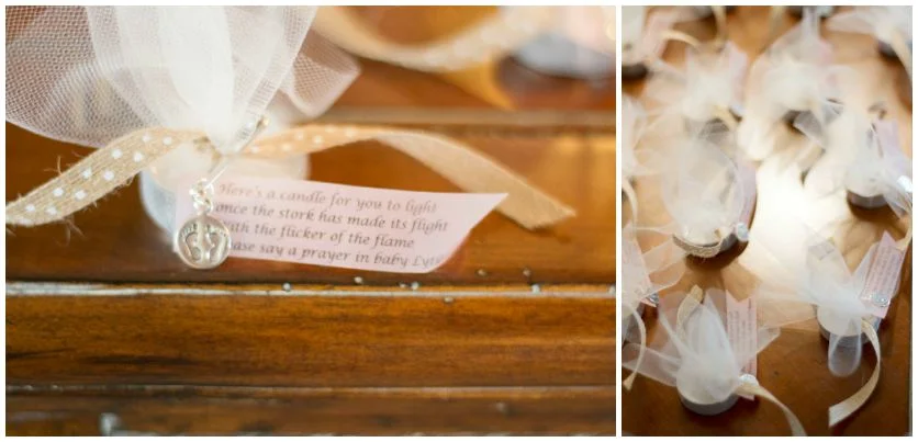 Kelly made these candle favors for the guests! So sweet. "Here's a candle for you to light once the stork has made its flight, with the flicker of the flame, please say a prayer in baby Lyle's name."