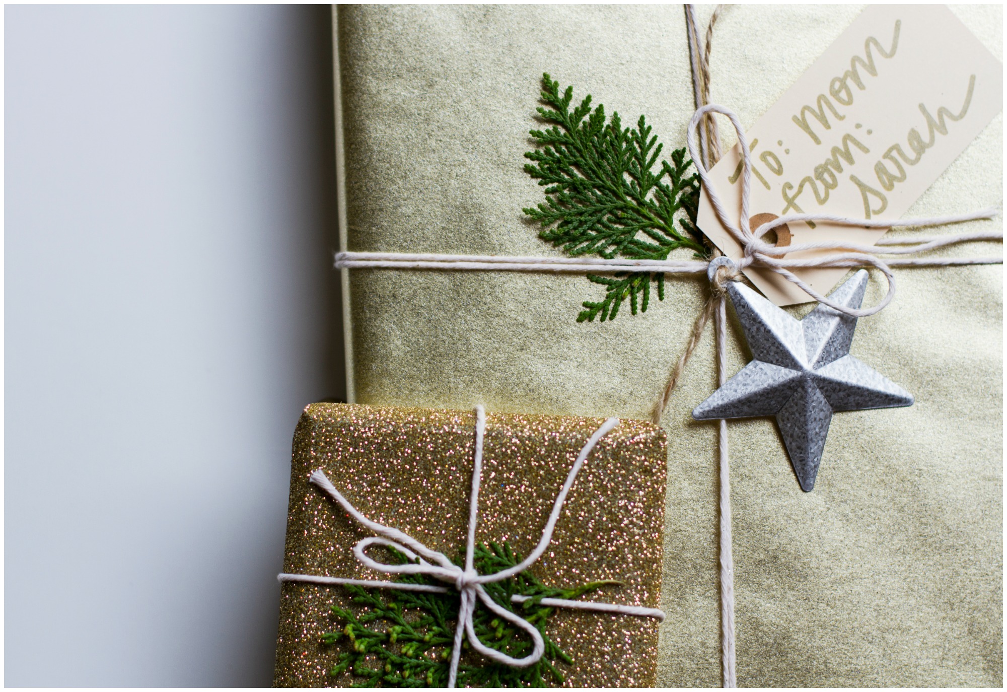 Target has some awesome glitter wrapping paper this year. It makes a little bit of a mess, but its totally worth it to add some sparkle under your tree. 