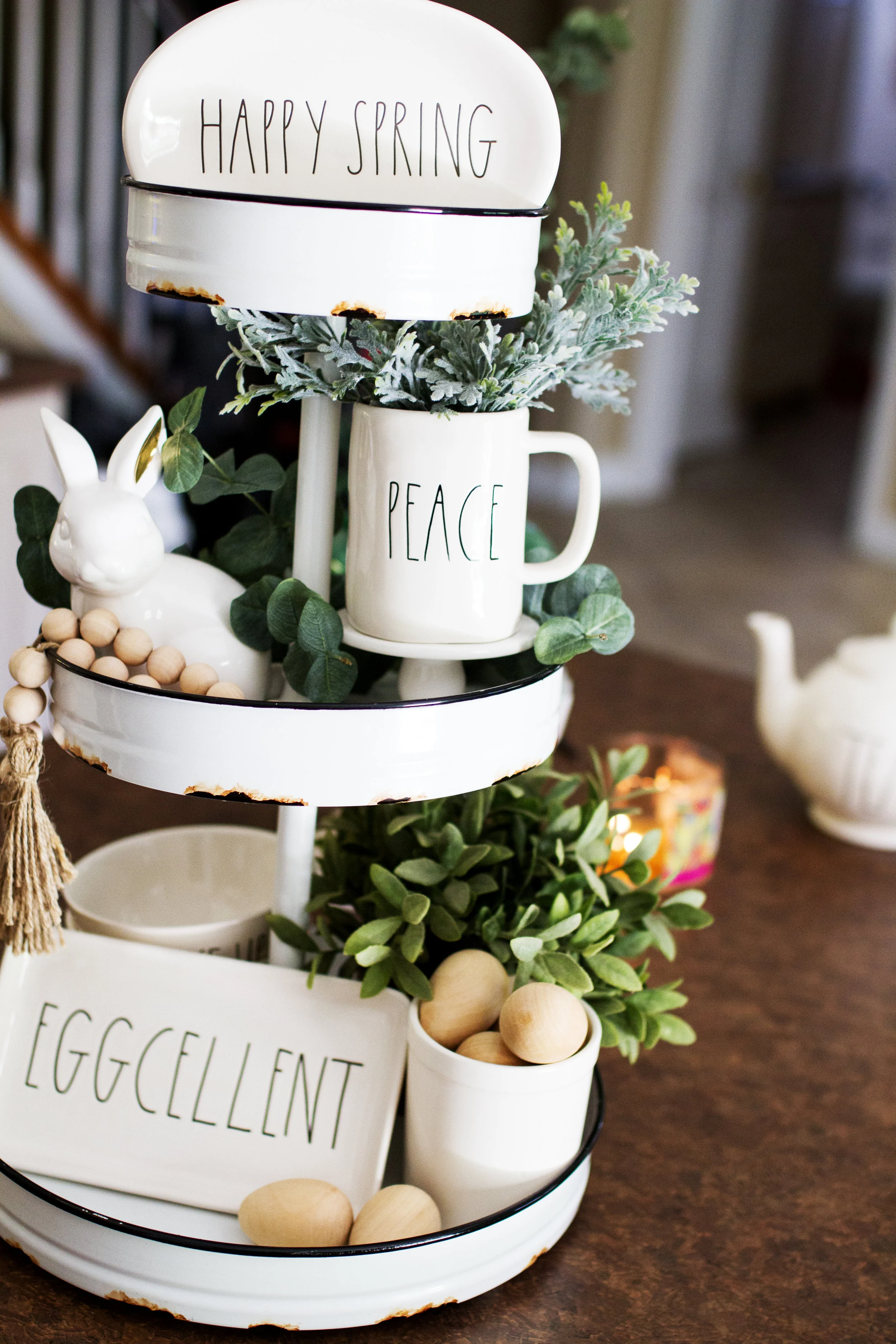 Happy Spring plate: Rae Dunn, Home Goods White bunny: Target dollar spot Faux Greenery: Michaels 