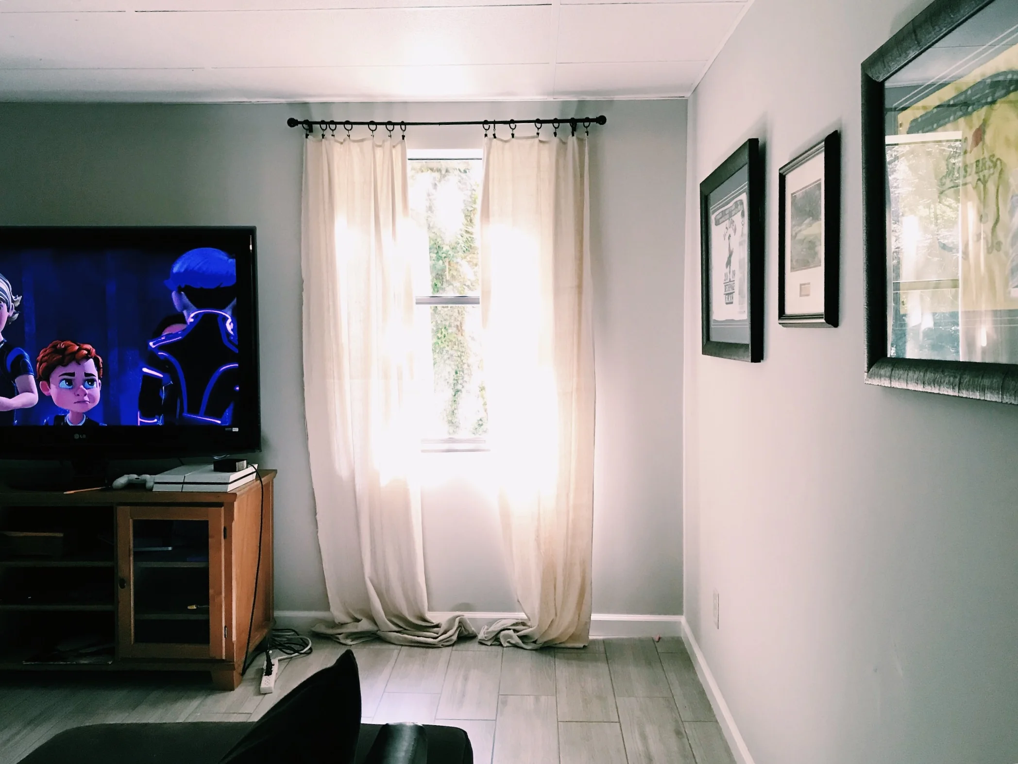 Our Basement Entertainment Room {with Saturday morning cartoons. :) 
