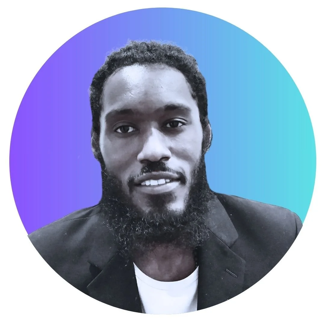 Black and white portrait of a Willie Alvarez, wearing a black blazer and white shirt, set against a circular gradient background transitioning from purple to blue.