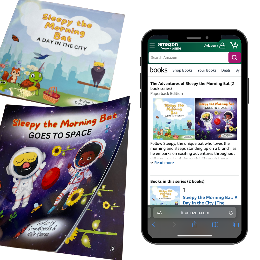 A smartphone displaying an Amazon search results page for the book series 'Sleepy the Morning Bat,' with two books visible: 'Sleepy the Morning Bat: A Day in the City' and 'Sleepy the Morning Bat Goes to Space.' Next to the phone, there are two physical books from the series, with one titled 'Sleepy the Morning Bat Goes to Space' featuring a starry background and cartoon characters in space suits.