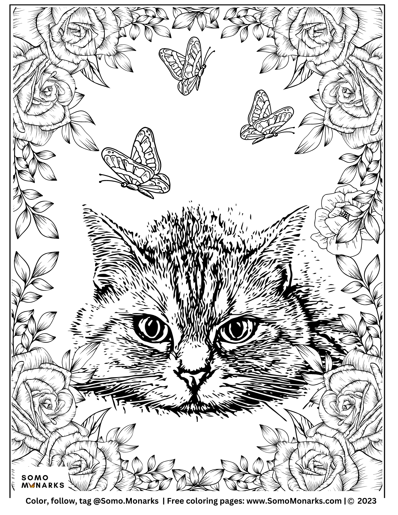 Cat & Monarch Butterflies Coloring Page by Somo Monarks .png
