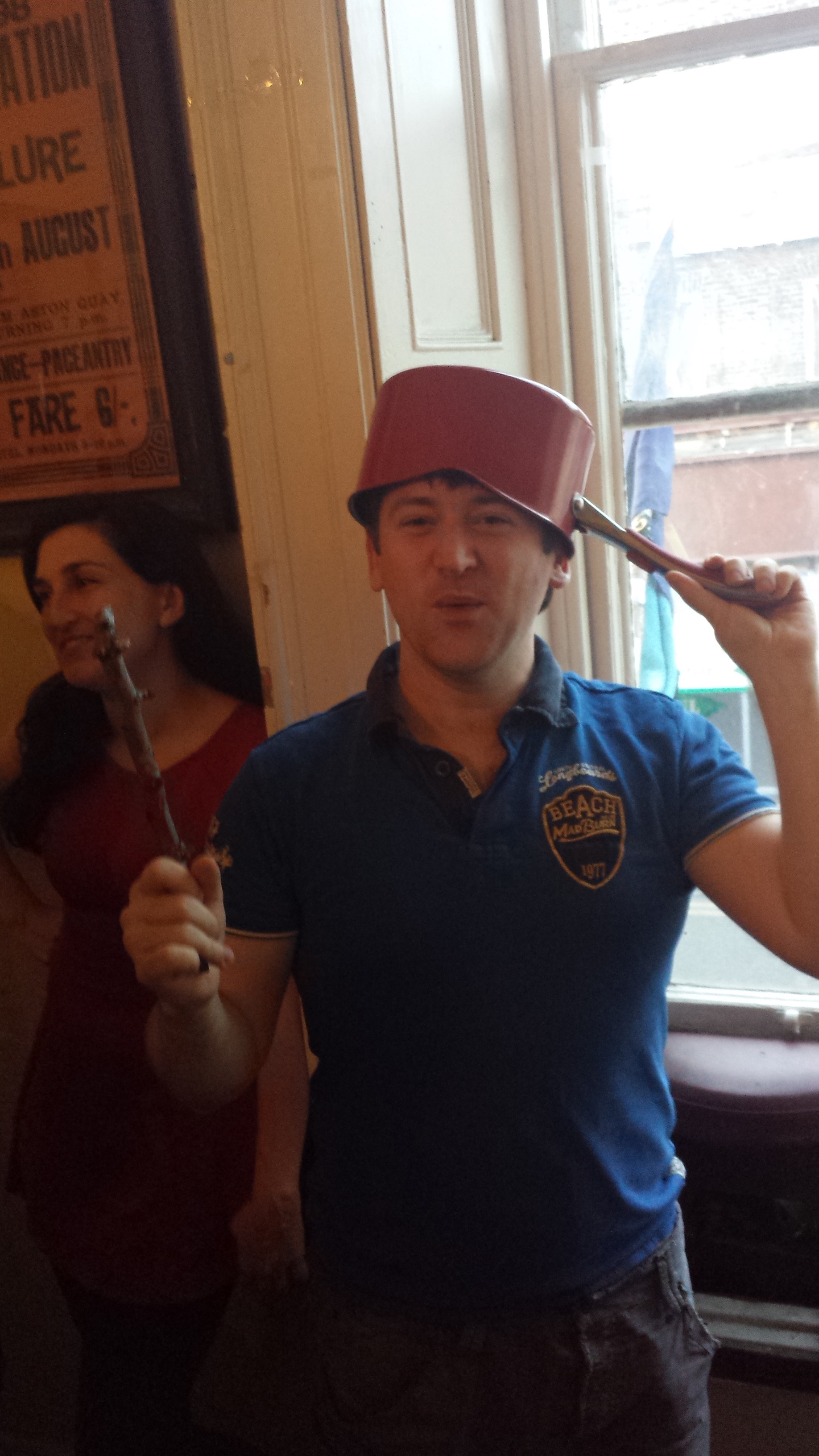 Colm engaging in a bit of cosplay at the Dungeoneering launch party in Dublin, July 2015, twig and cooking pot at the ready!