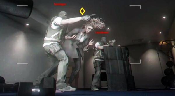 View of the hostage and two terrorists from the small, wheeled, spy bot that all attackers get to use before and during rounds.