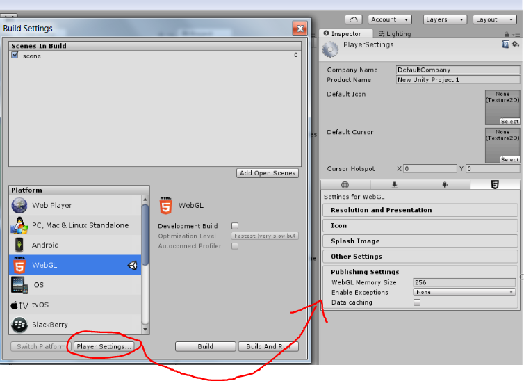  Click Player Settings... futher options appear in the Inspector, including Exception Handling. 