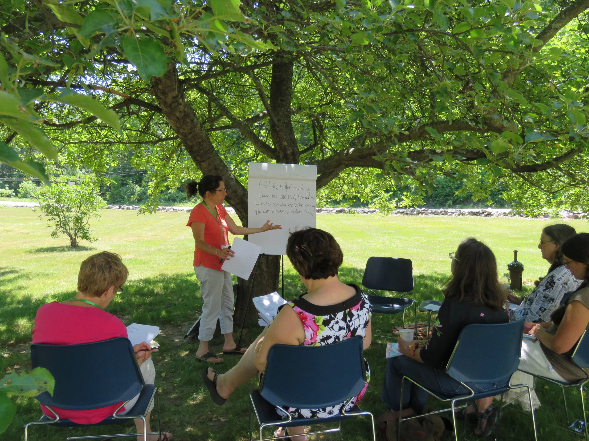 Midge Goldberg teaches under the apple tree