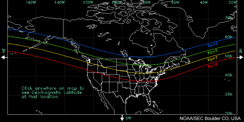 Your location on the map will indicate which Kp level is appropriate for your area. The higher the Kp level, the further south the aurora will be visible. 