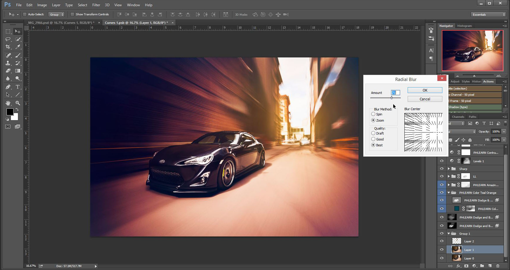 Setting the radial-blur. Increase the amount to get a good idea of where the perspective lines up then reduce to about 7.
