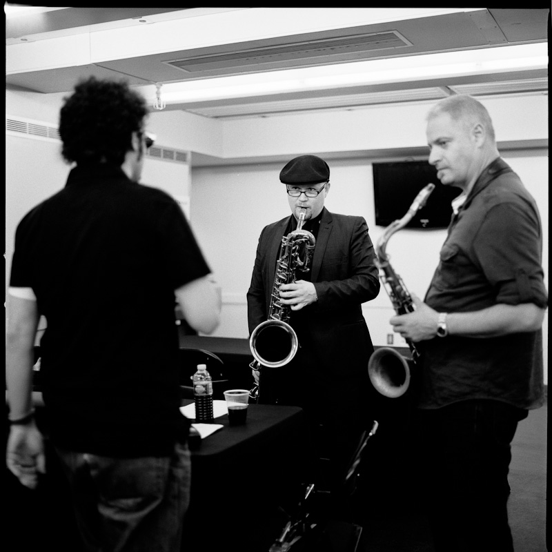 Gabe Roth, IHS & Neal Sugarman backstage at the Apollo Theatre, Harlem, NYC. Photo by Jacob Blickenstaff