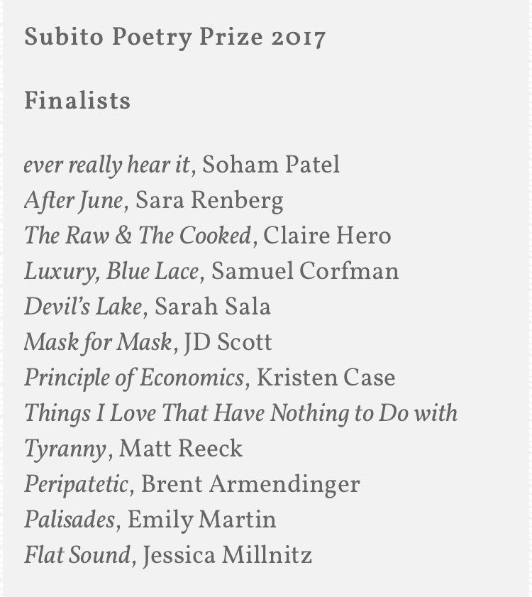 Devil's Lake is Named a Finalist for the Subito Poetry Prize 2017