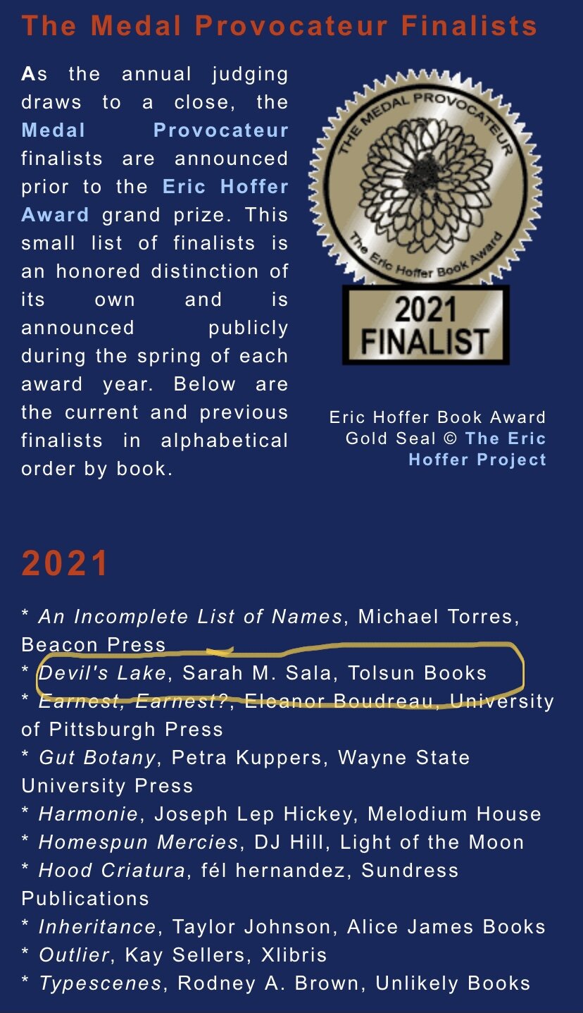 Devil's Lake is named a finalist for the Eric Hoffer  The Medal Provocateur Award 