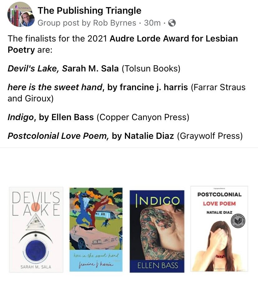 Devil's Lake is named a finalist for The Publishing Triangle Audre Lorde Award for Lesbian Poetry