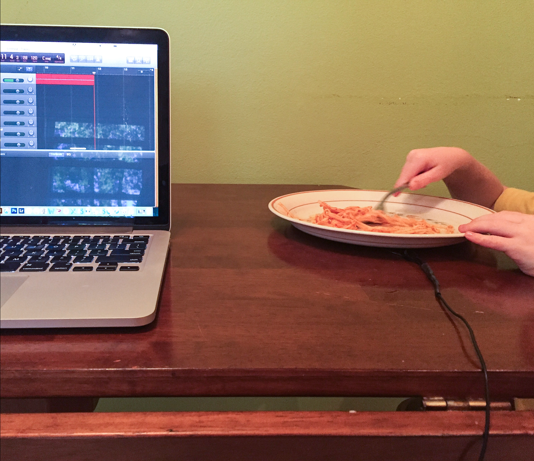   To Touch the Sky with Two Arms . Exhibition at Holding House, Detroit, MI. 2016 (detail image of recording session with artist’s family eating homemade pasta made by the artist, following the recipe of his paternal grandmother, ate off an inherited