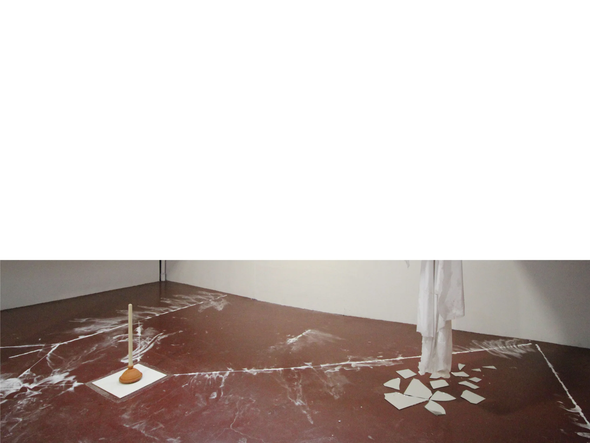 The band-aids are contaminated, white glitter, after the opening. Exhibition view "Friche", May 2015. With a work by Nathan Anthony (left). Photograph by Léa Belooussovitch.