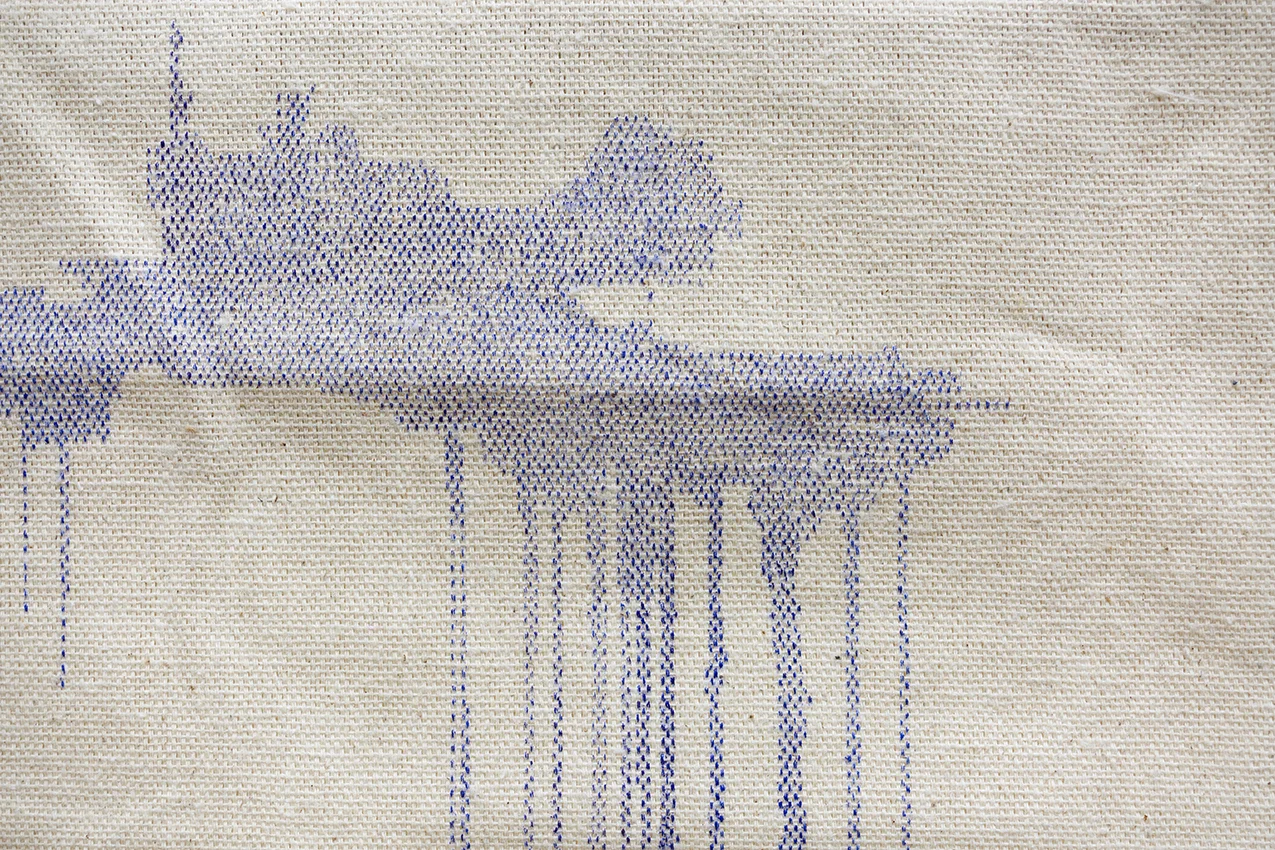 Untitled (“Armure/Weave” series), blue ink on cotton and wooden sticks, 82 x 62 cm - detail Photograph: Gilles Ribero