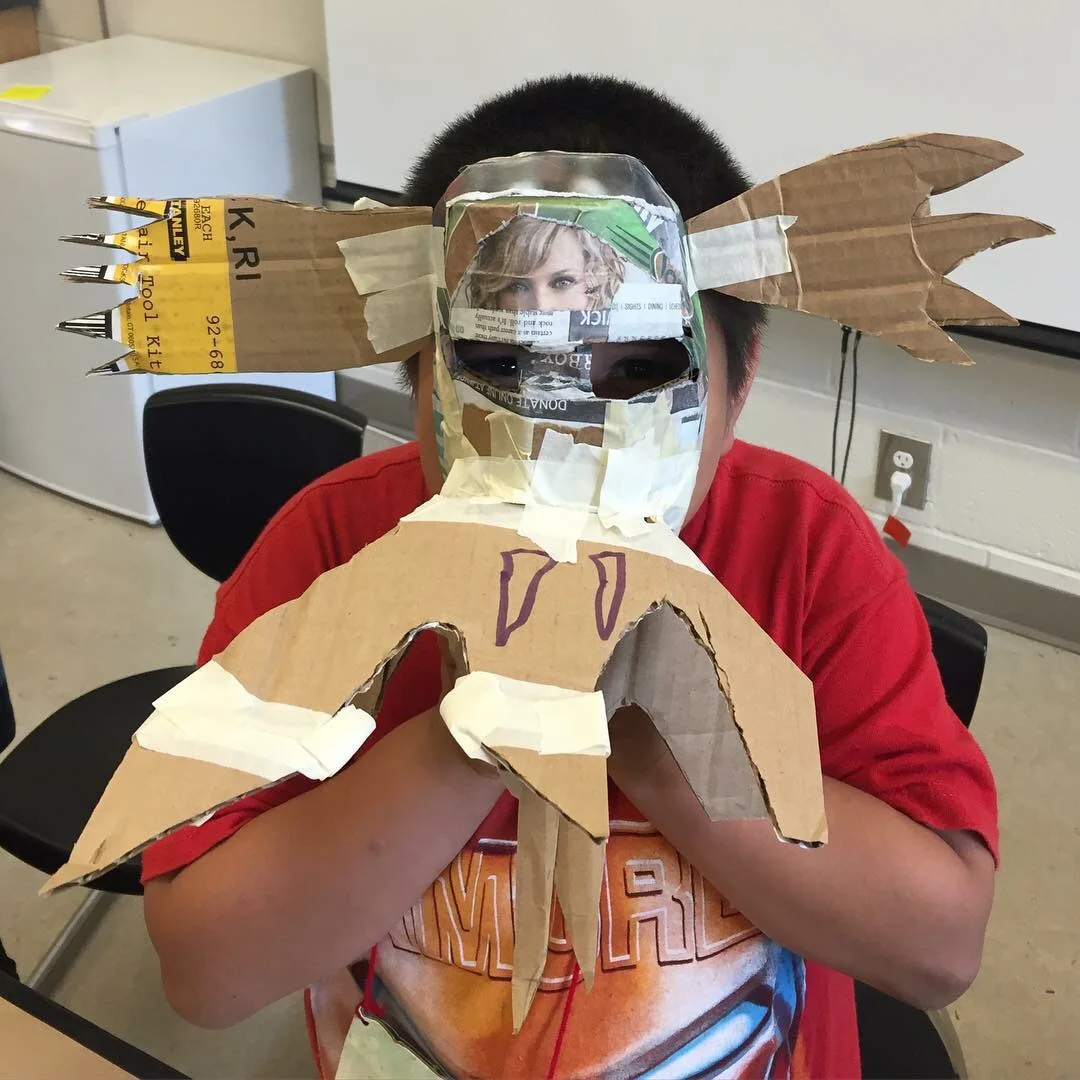 Cardboard and paper mâché masks.
