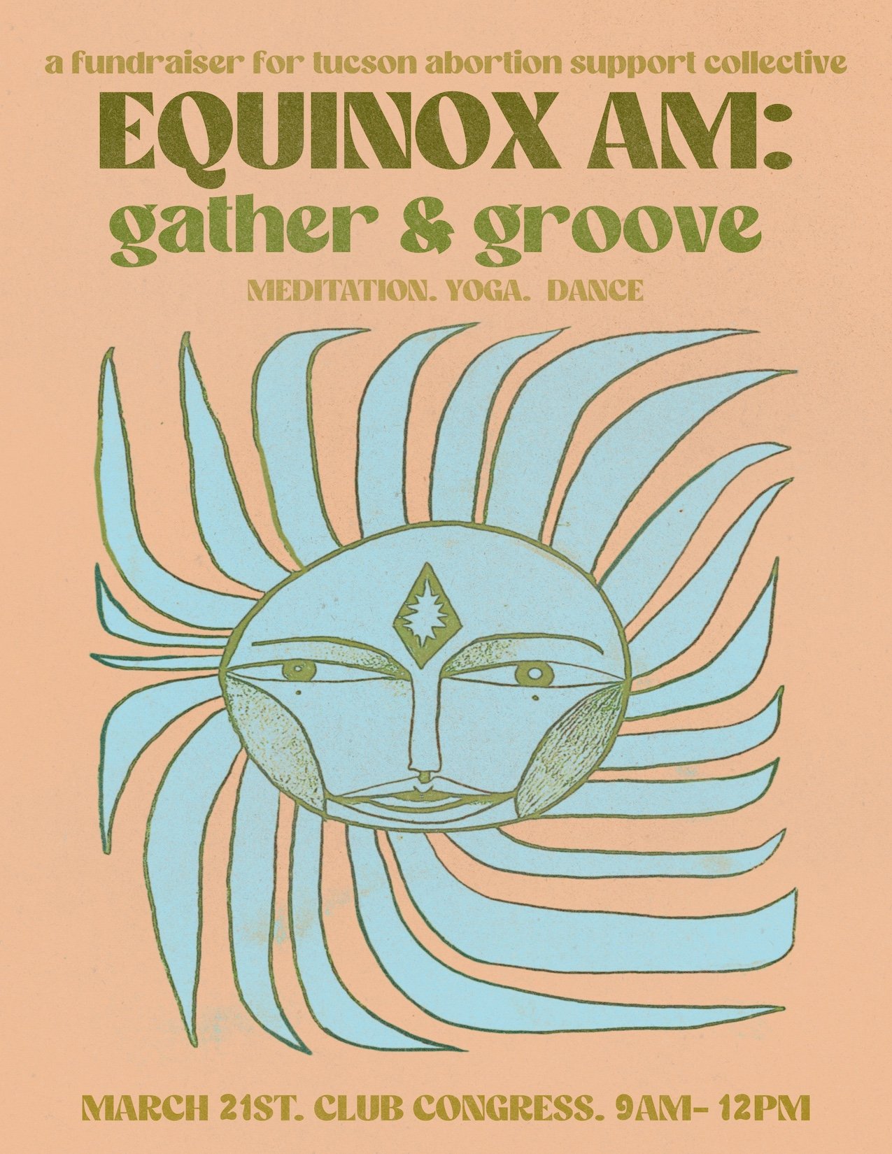 blue sun with green outline peach background meditation and dance party march 21st, 9am-12pm
