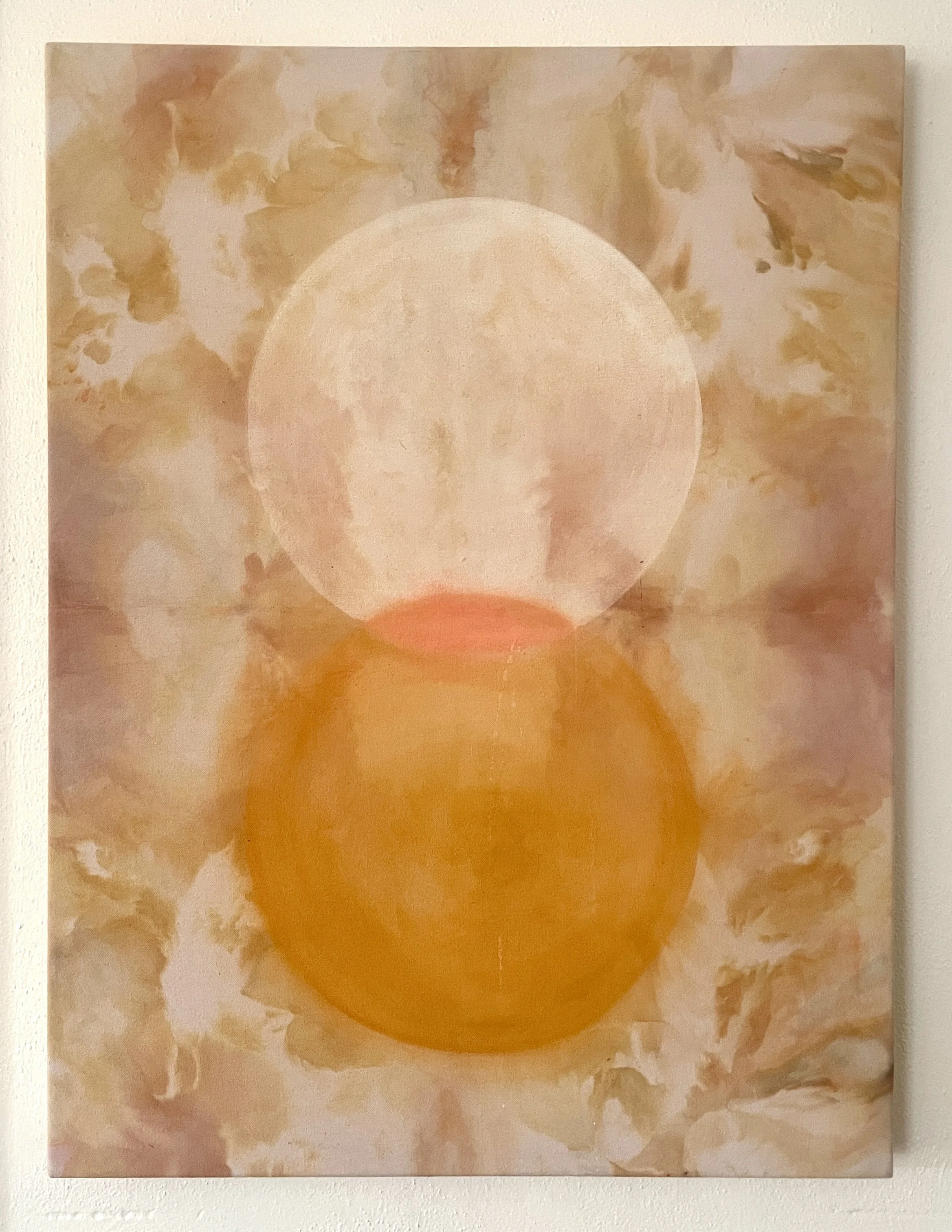 Warm colors, muted oranges, yellows pinks. The background is ice dyed in a melted water pattern