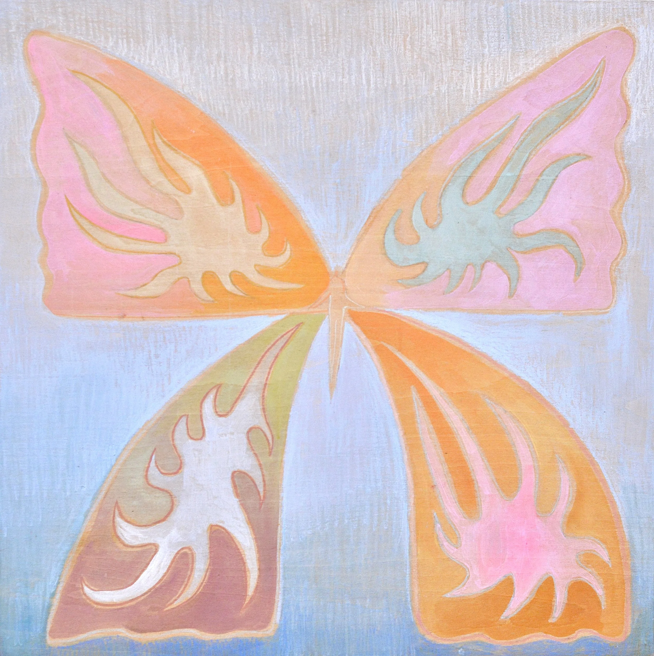 multi colored butterfly that has bursts in its wings pastel, sunset.