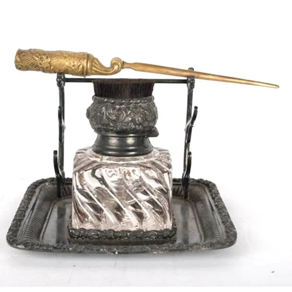 Vintage Glass Inkwell and Letter Opener