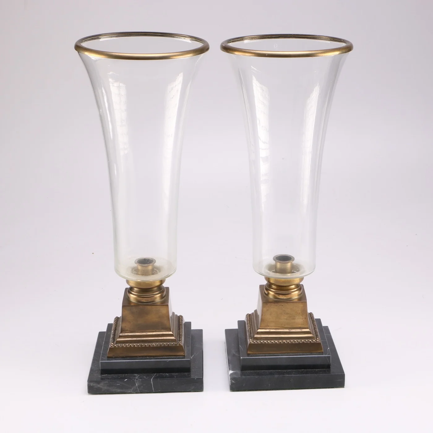 Black Marble Base Brass Hurricane Candle Holders, Pair