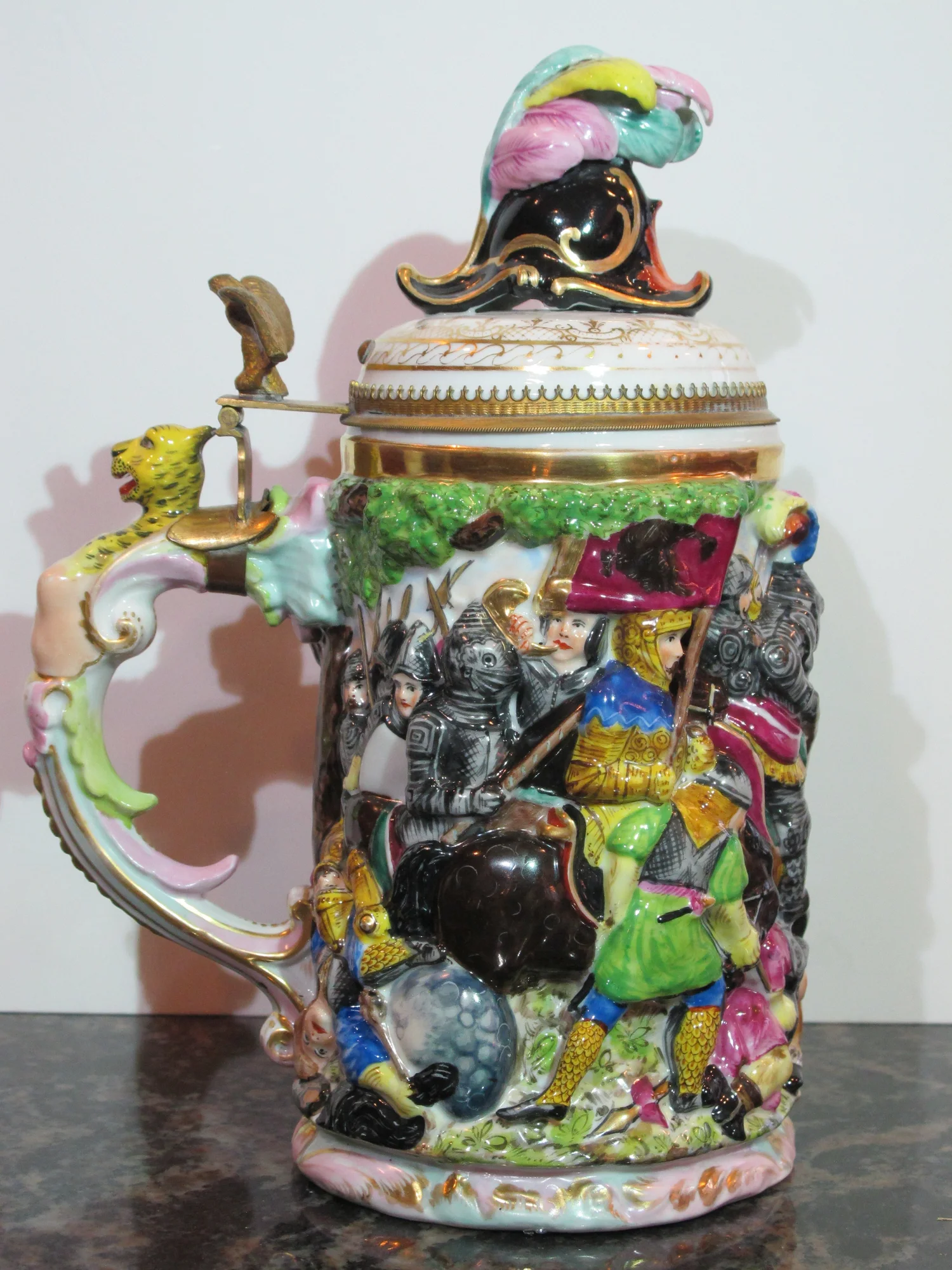 Antique 1L Schierholz Porcelain German Beer Stein Capo-di-monte style  Battle Scene — Revival House AntiquesAntique 1L Schierholz Porcelain German Beer  Stein Capo-di-monte style Battle Scene