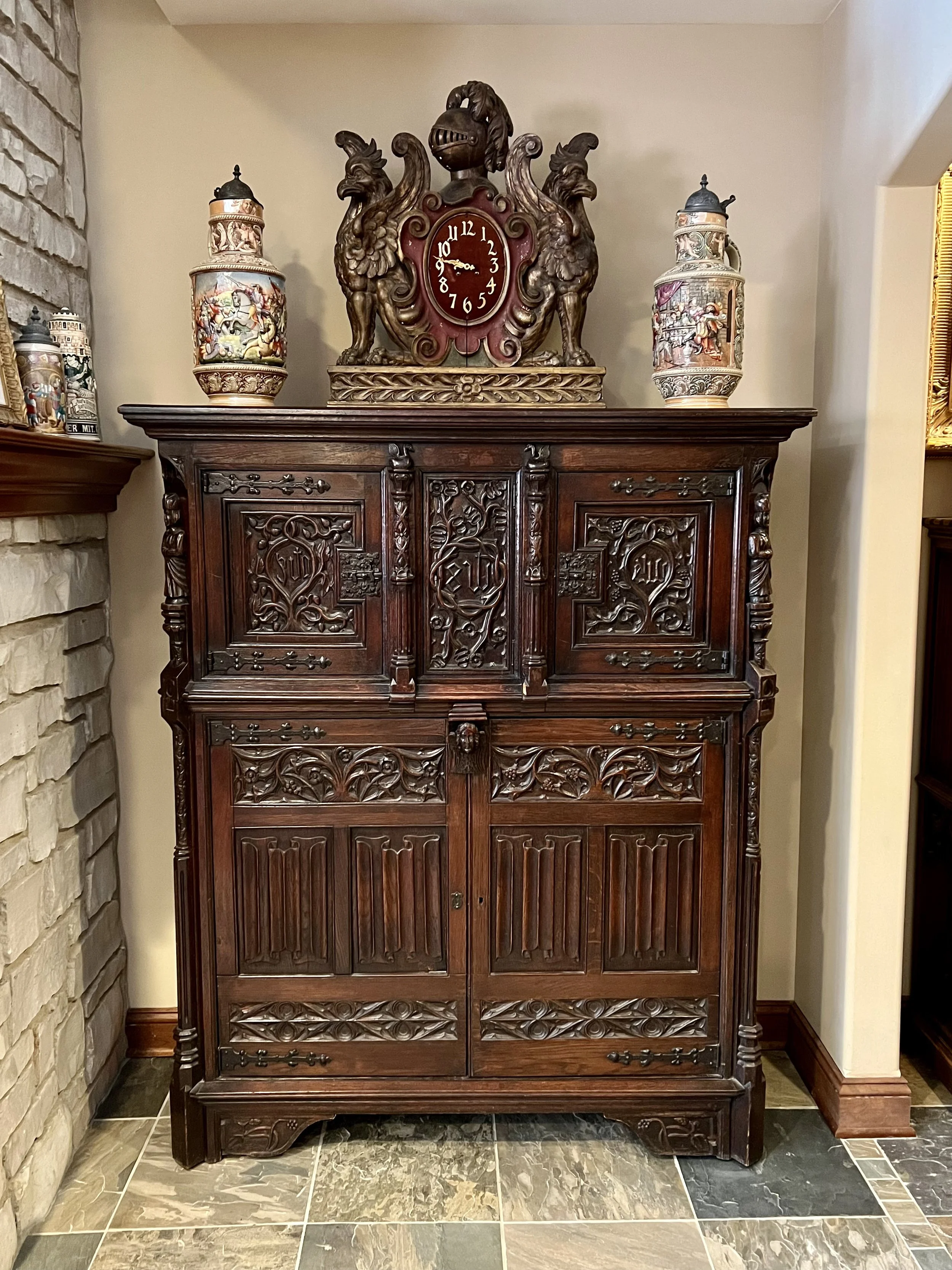 Large Gothic Revival Carved Oak Cabinet with Leaf and Vine Motif