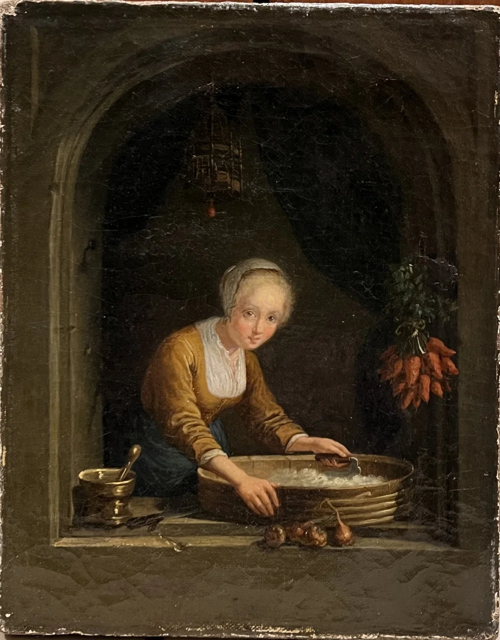 Manner of Gerrit Dou, Dutch 17th/18th Century Oil on Canvas of Girl  Chopping Onions — Revival House AntiquesManner of Gerrit Dou, Dutch  17th/18th ..., image size:1000x1280