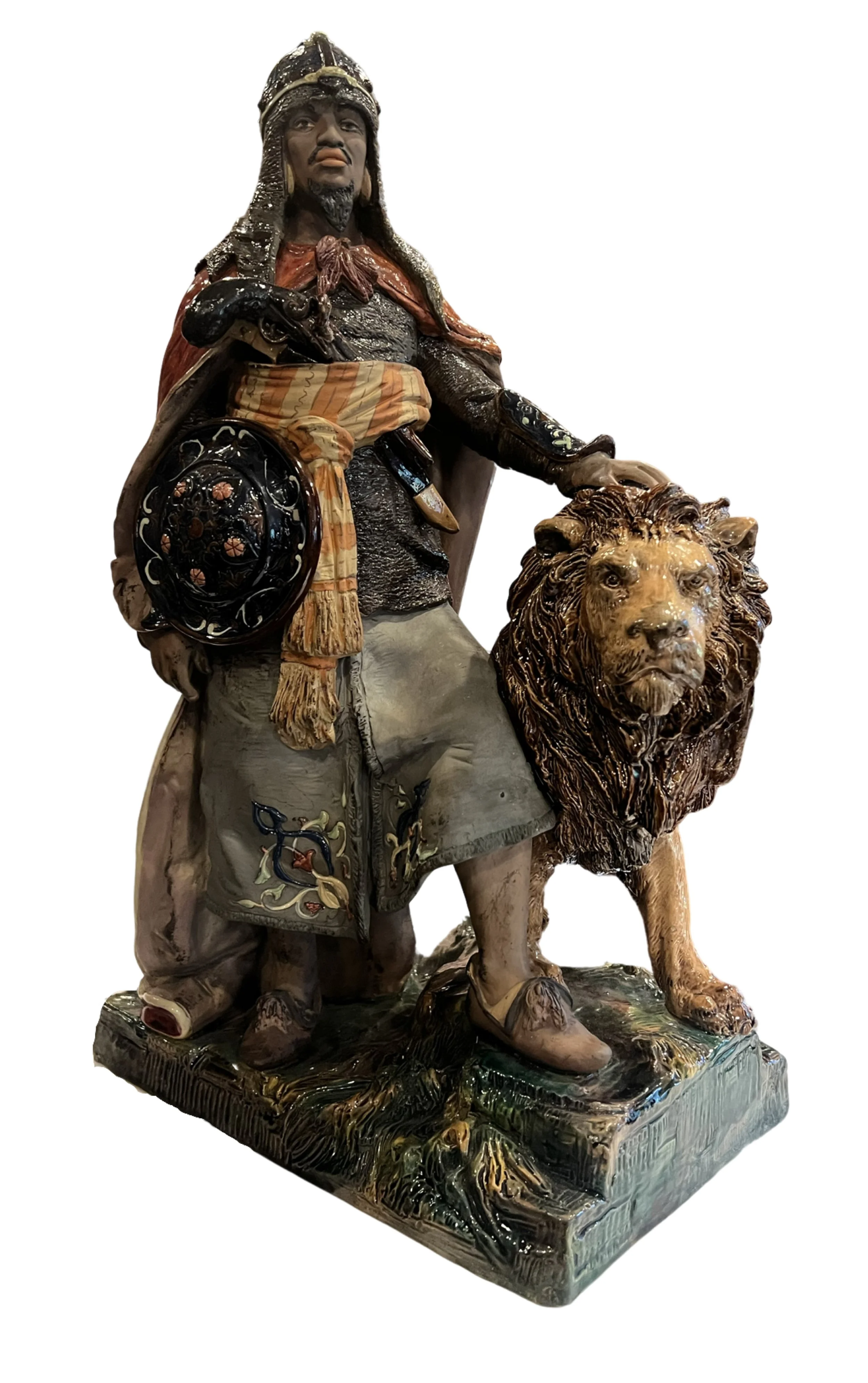 Large Majolica Orientalist Figure by Wilhelm Schiller and Söhne (WS&S)- Moorish Knight with Lion Mascot