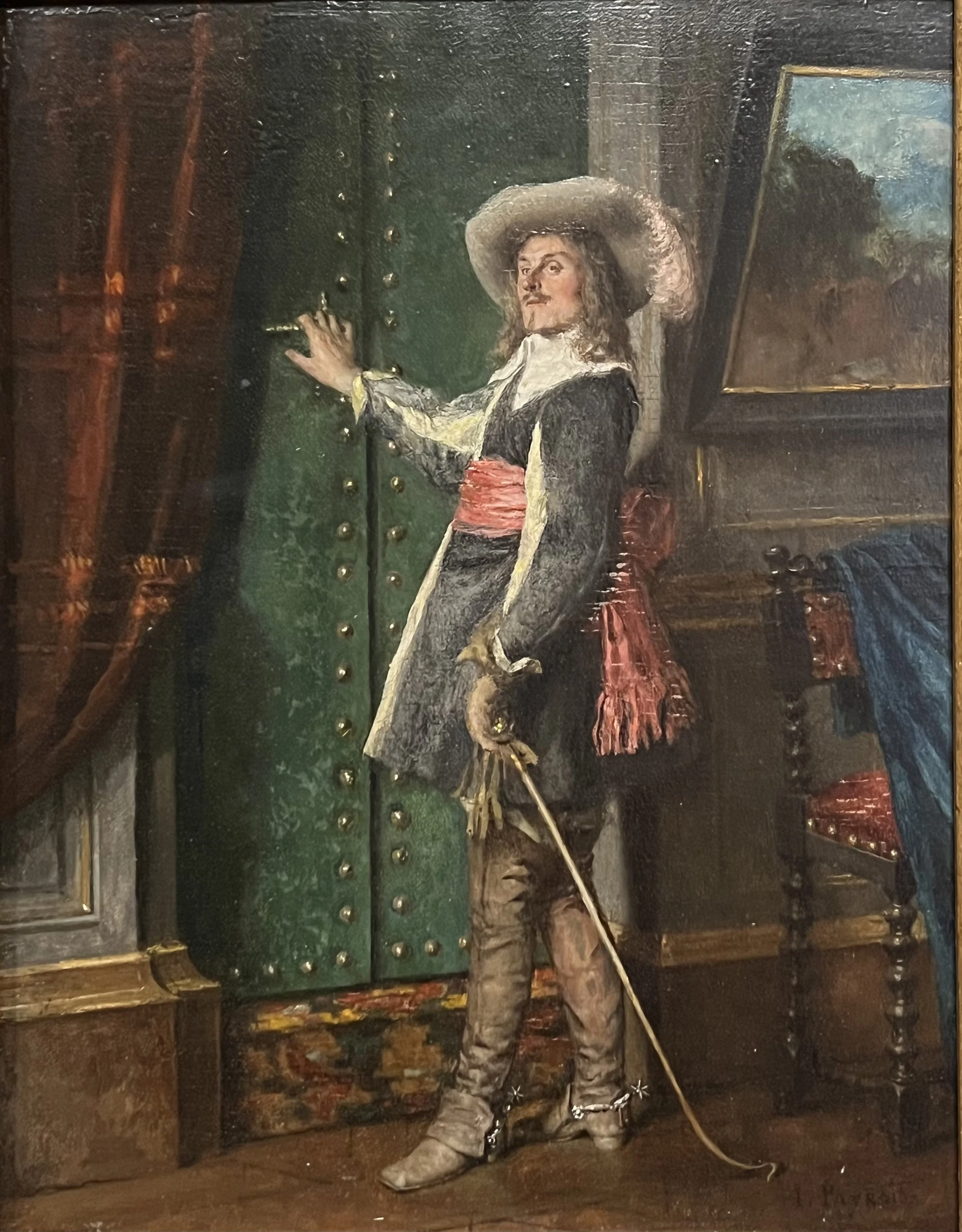 Isadore Patrois, Oil on Panel, Standing Portrait of an Elegant Gentleman with Sword Before a Green Door