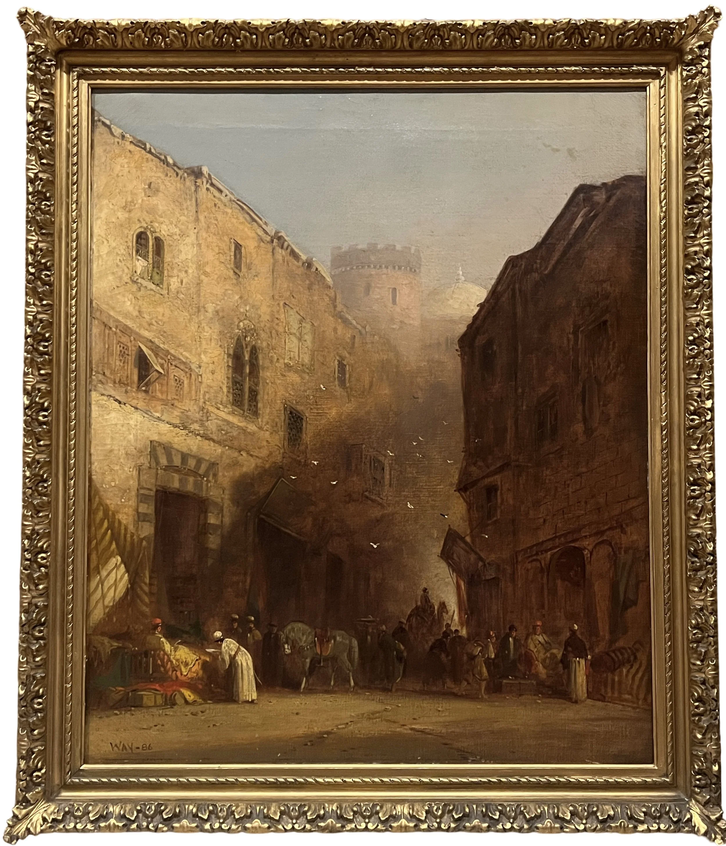 William Cosens Way, Oil on Canvas, Orientalist Scene, Middle-Eastern Town Square