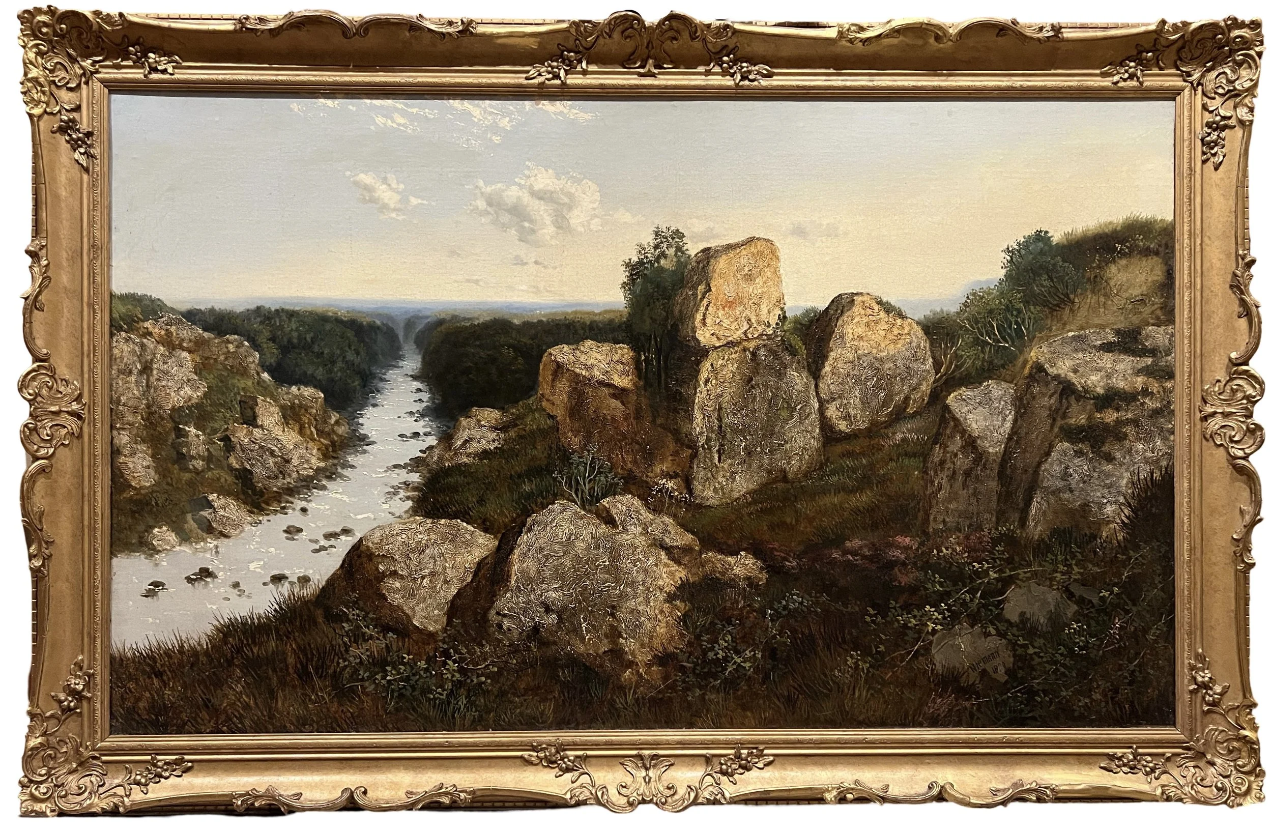Edward H. Niemann, Oil on Canvas Painting - River Landscape with Large Boulders