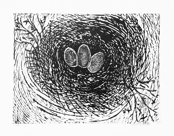 Nestled. woodcut print. 18x16"