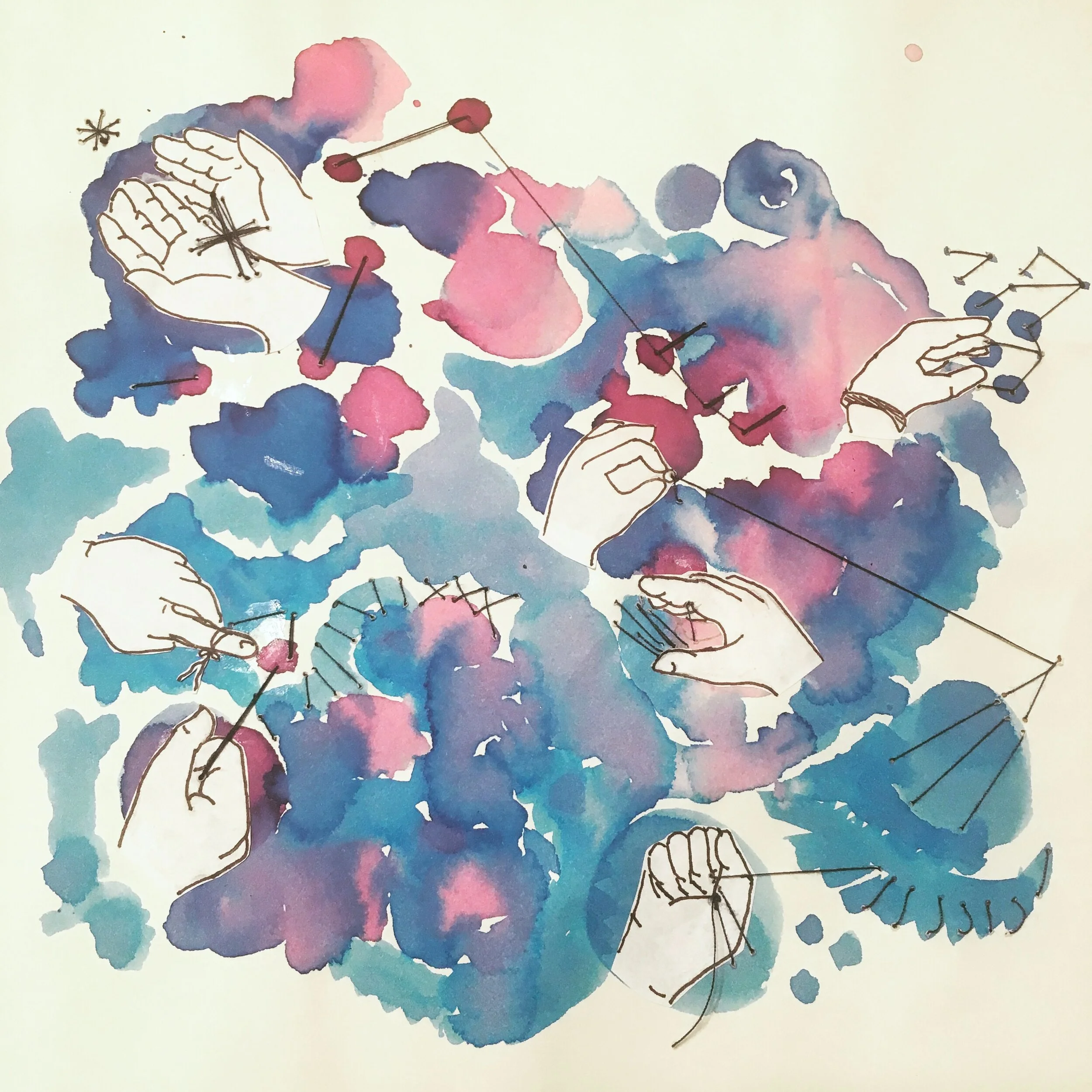 Embracing Change. pen, watercolor, and embroidery thread on cotton paper. 8x8"