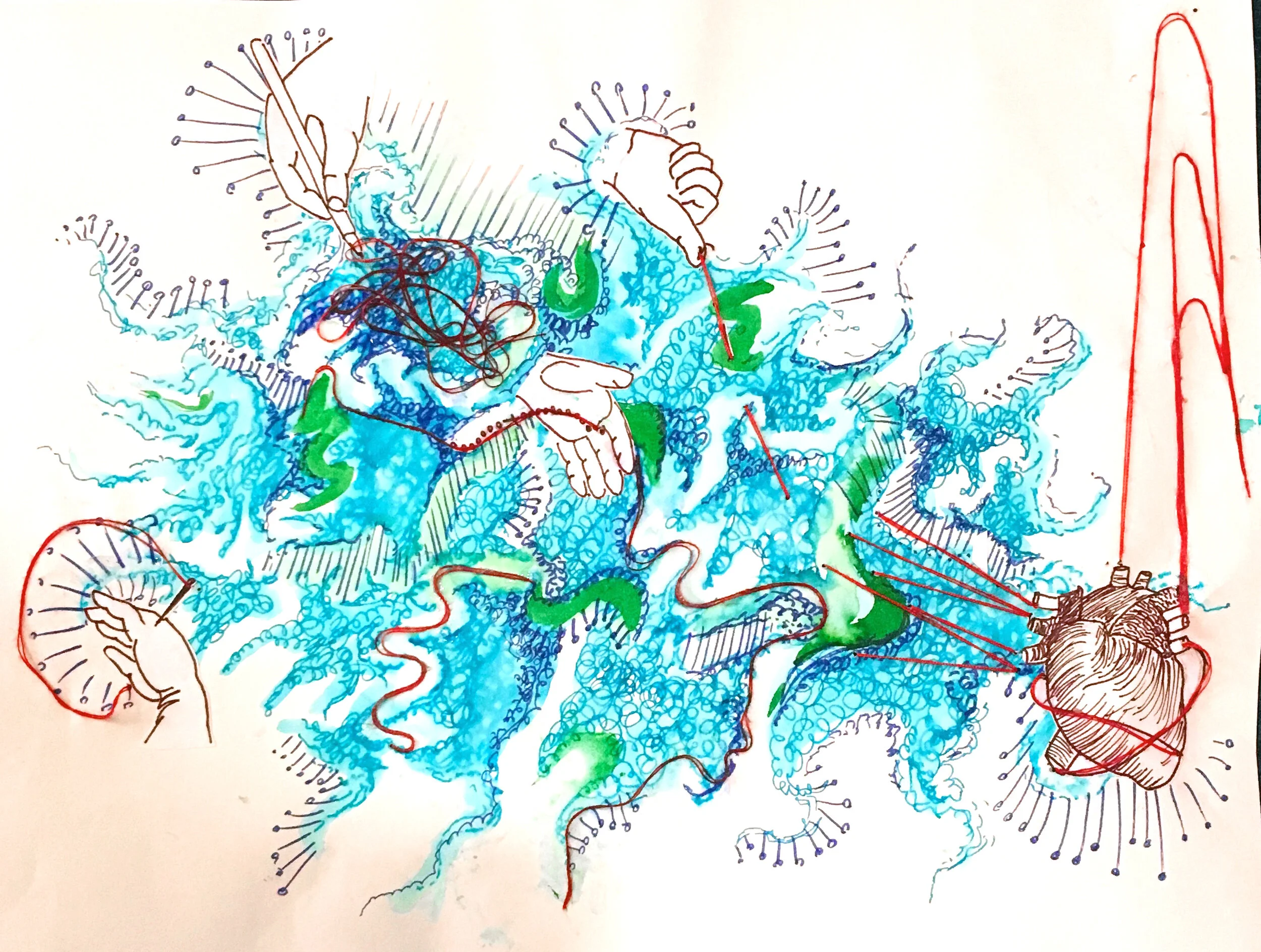 Vital Signs. pen, ink, and embroidery thread on paper. 8x6"