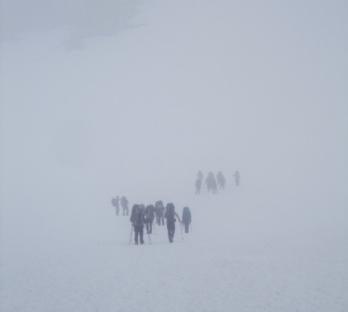 Groups of hikers/climbers taking on Mt Rainier